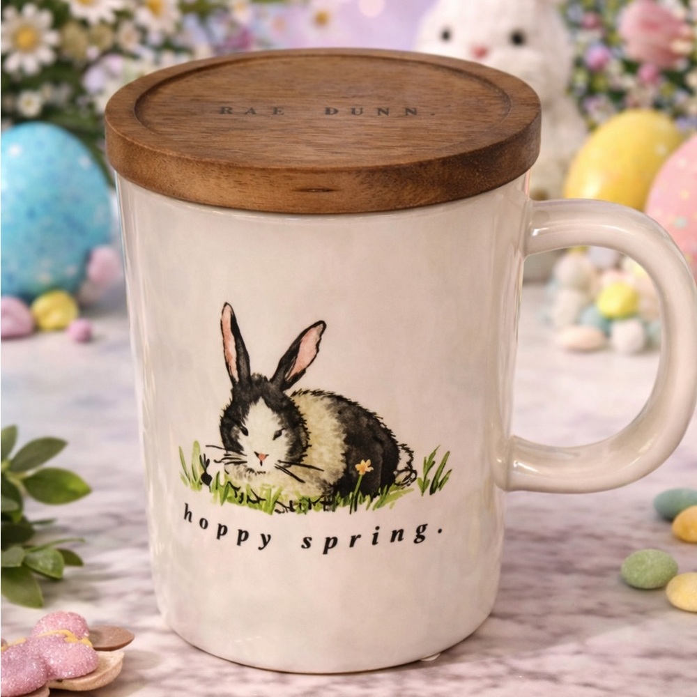 Rae Dunn hoppy spring Mug with Wooden Lid